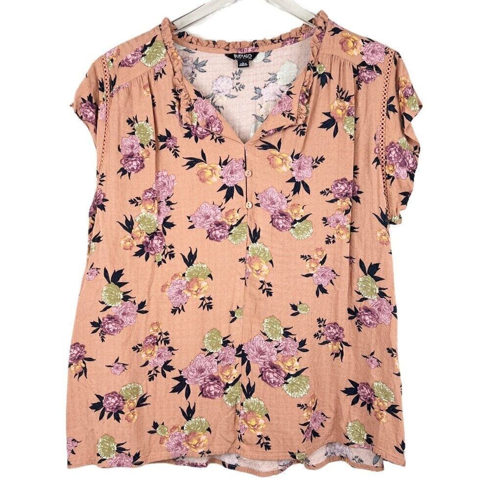 Buffalo by David Bitton Flutter‎ Sleeve Rose Pink Floral Womens Blouse Size L